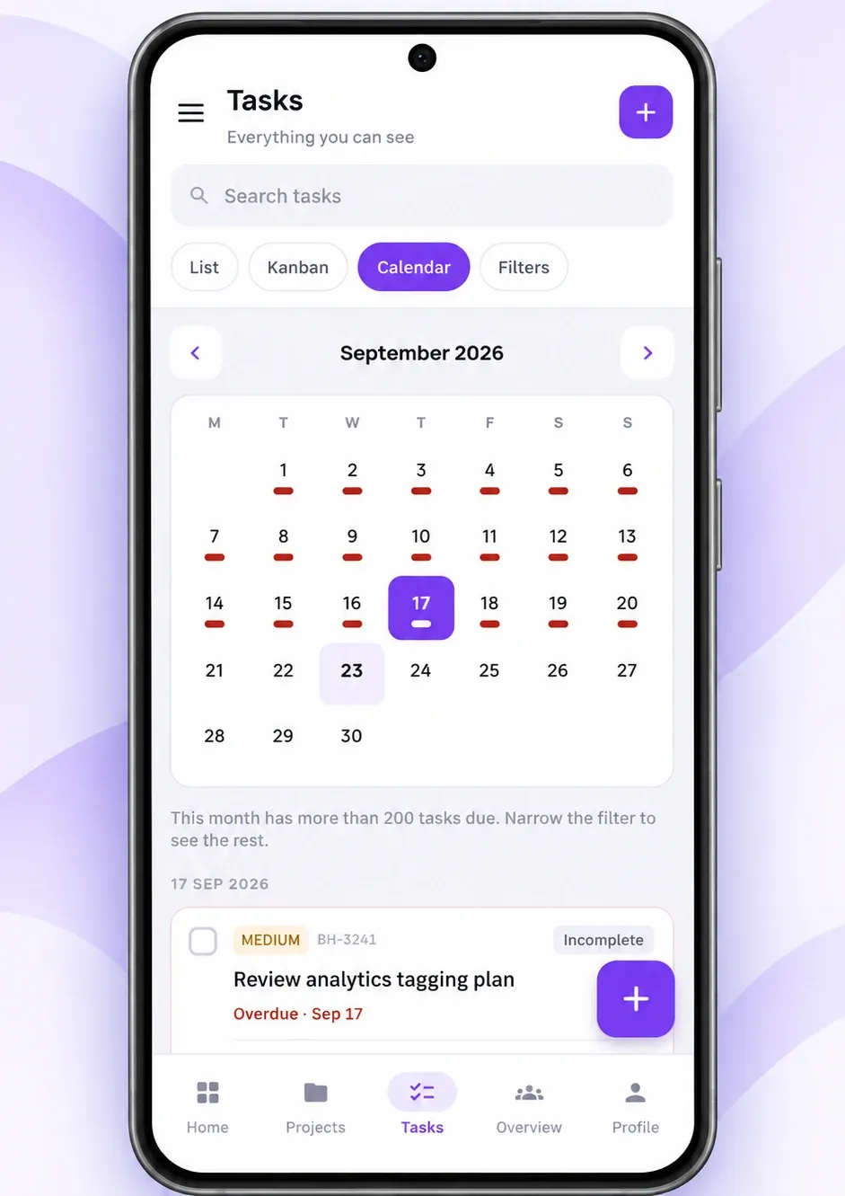 BusinessHRM Android app task calendar for September with due dates marked on each day