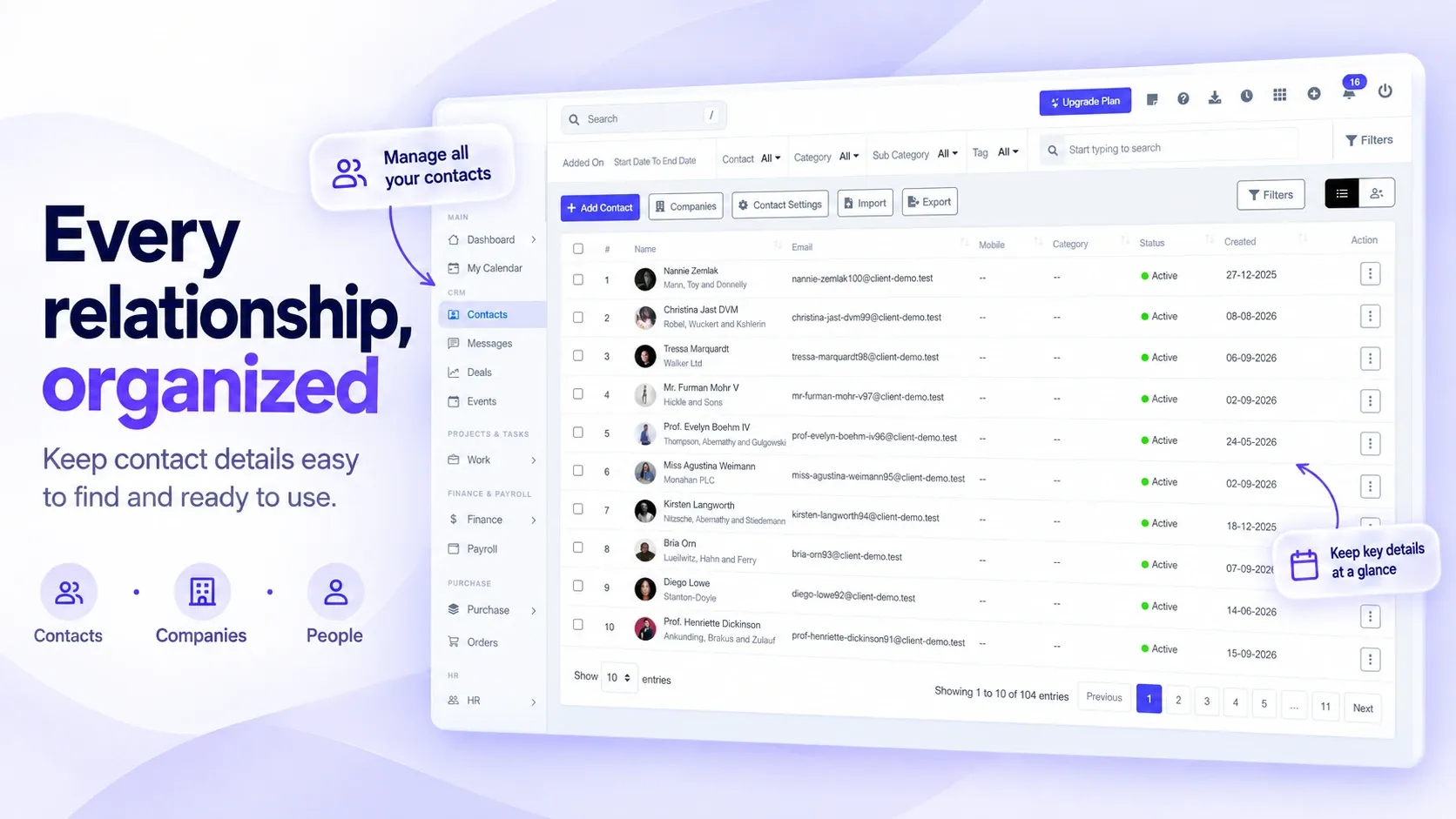قائمة جهات الاتصال في BusinessHRM بالأسماء والشركات والبريد الإلكتروني والحالة وتاريخ الإضافة