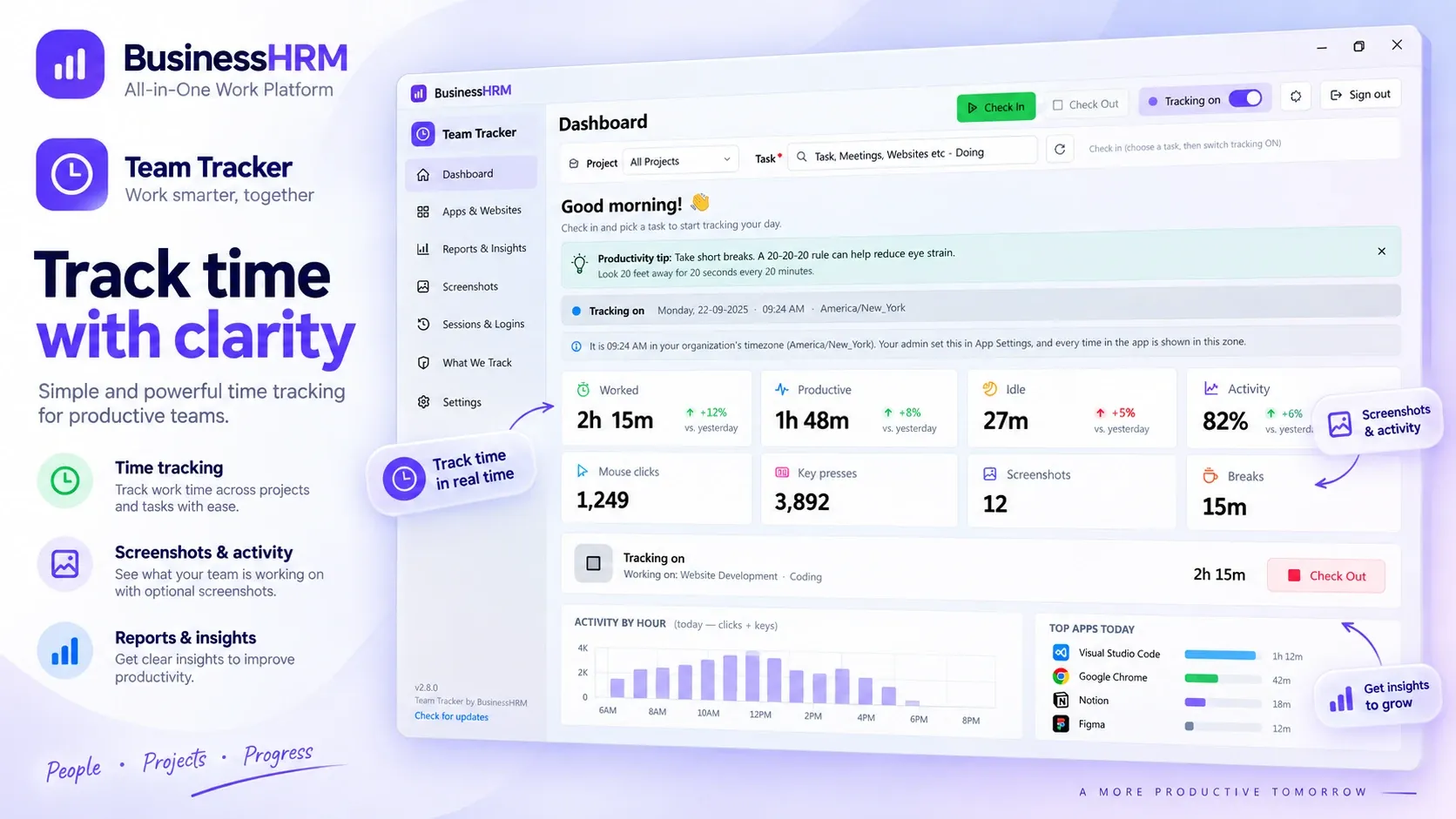 لوحة تطبيق Team Tracker لسطح المكتب تعرض وقت العمل والوقت المنتج والخمول ومستوى النشاط والنقرات وضغطات المفاتيح وأكثر التطبيقات استخدامًا