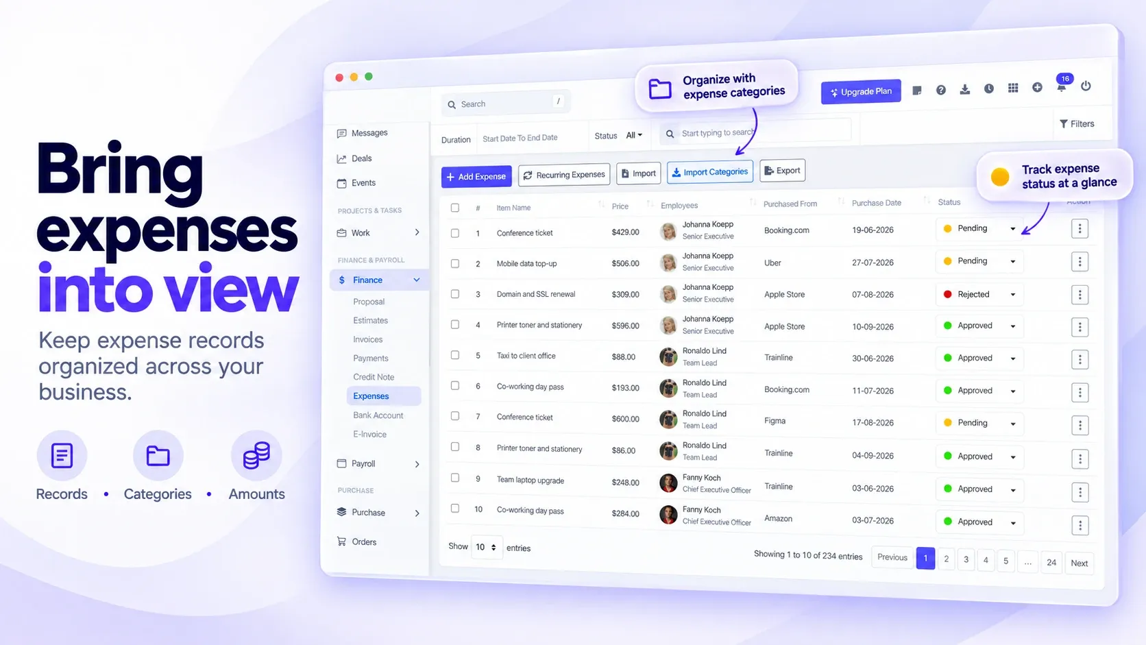 قائمة المصروفات في BusinessHRM بالبند والمبلغ والموظف والمورد والتاريخ وحالة الموافقة