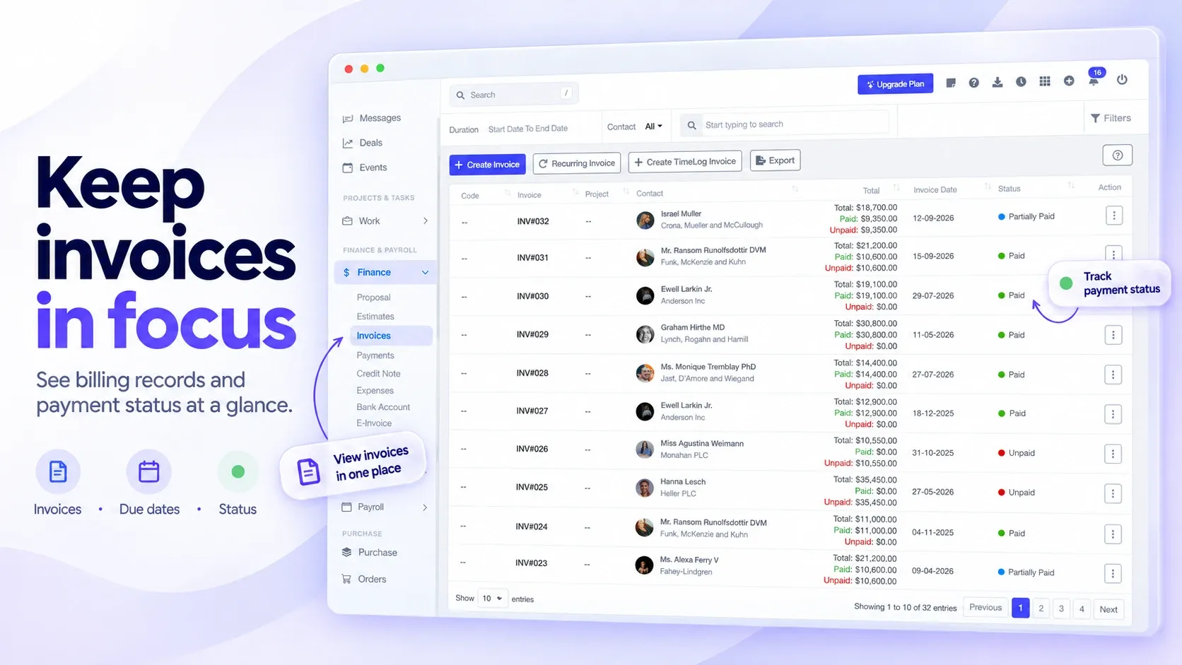 قائمة الفواتير في BusinessHRM بالإجماليات والمبالغ المدفوعة وغير المدفوعة والتواريخ وحالة الدفع