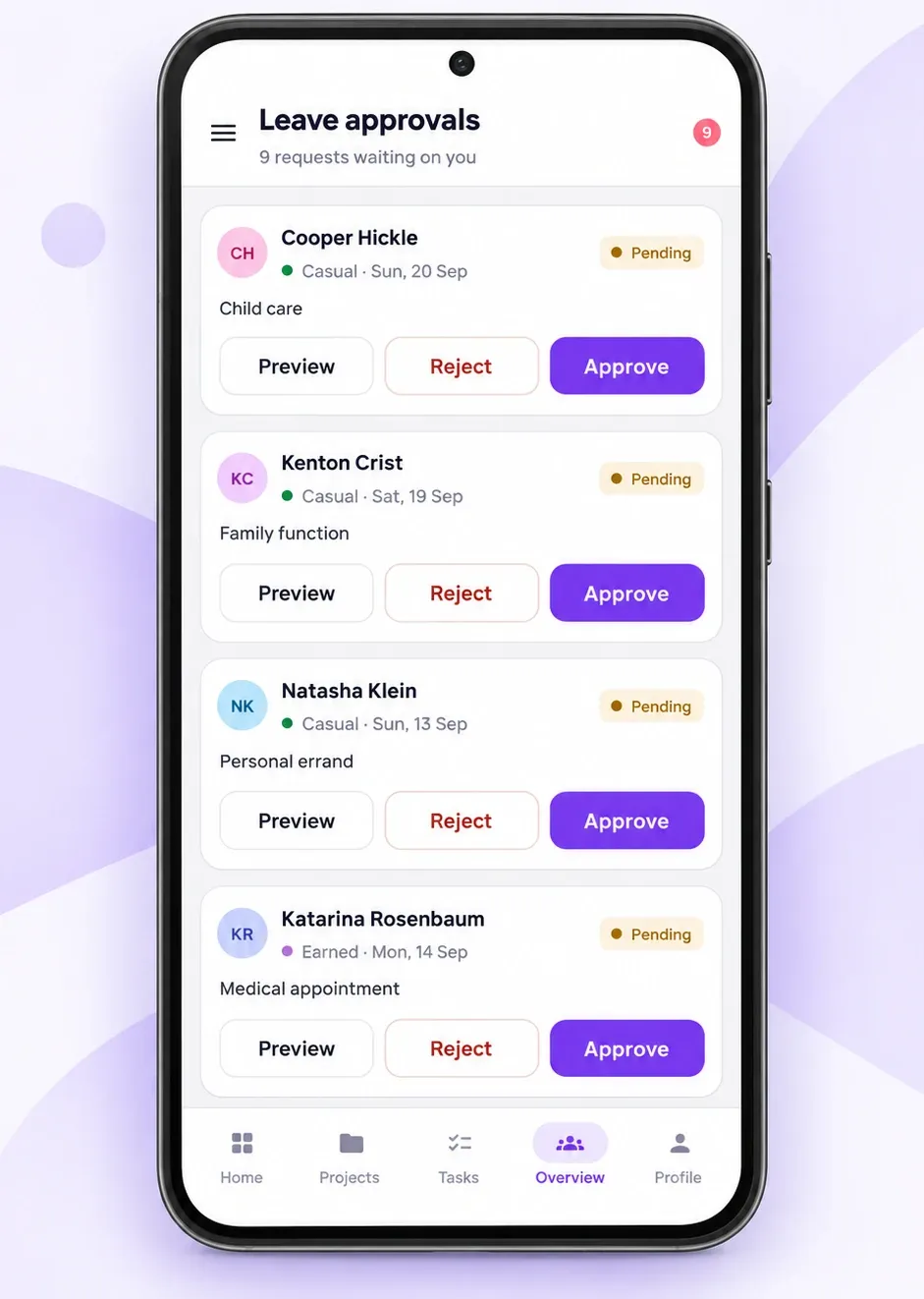 BusinessHRM Android app leave approvals list with Approve and Reject buttons