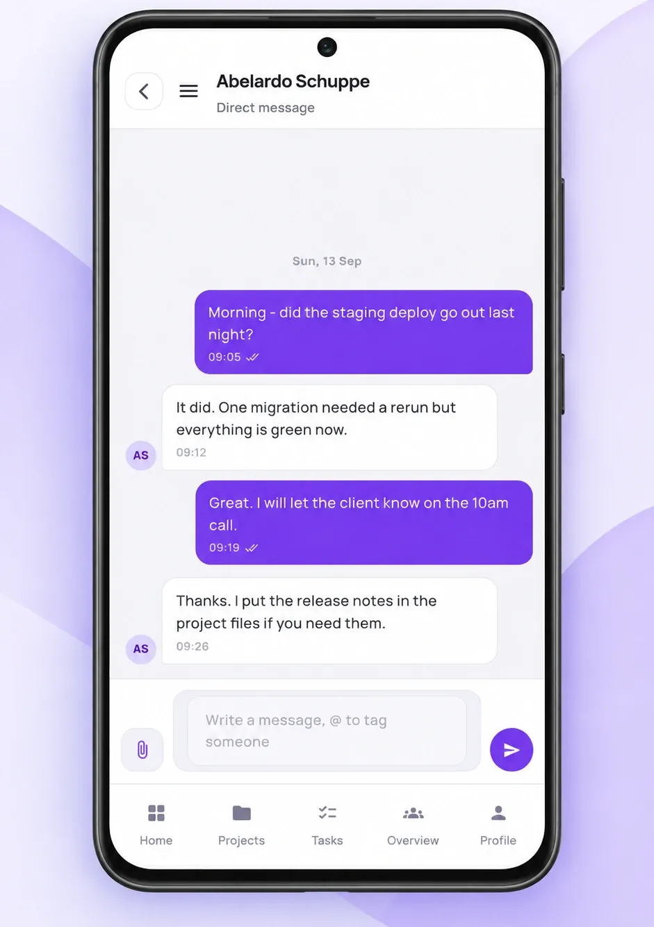 BusinessHRM Android app direct message conversation between two teammates