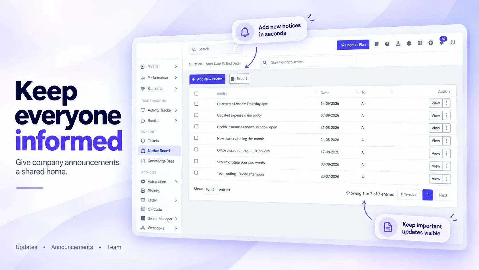 لوحة الإعلانات في BusinessHRM بإعلانات الشركة وتواريخها والفئات الموجهة إليها