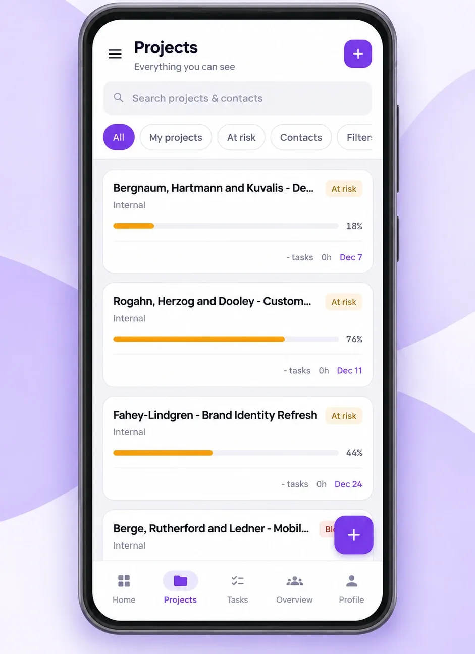 BusinessHRM Android app project list with progress bars and at-risk flags