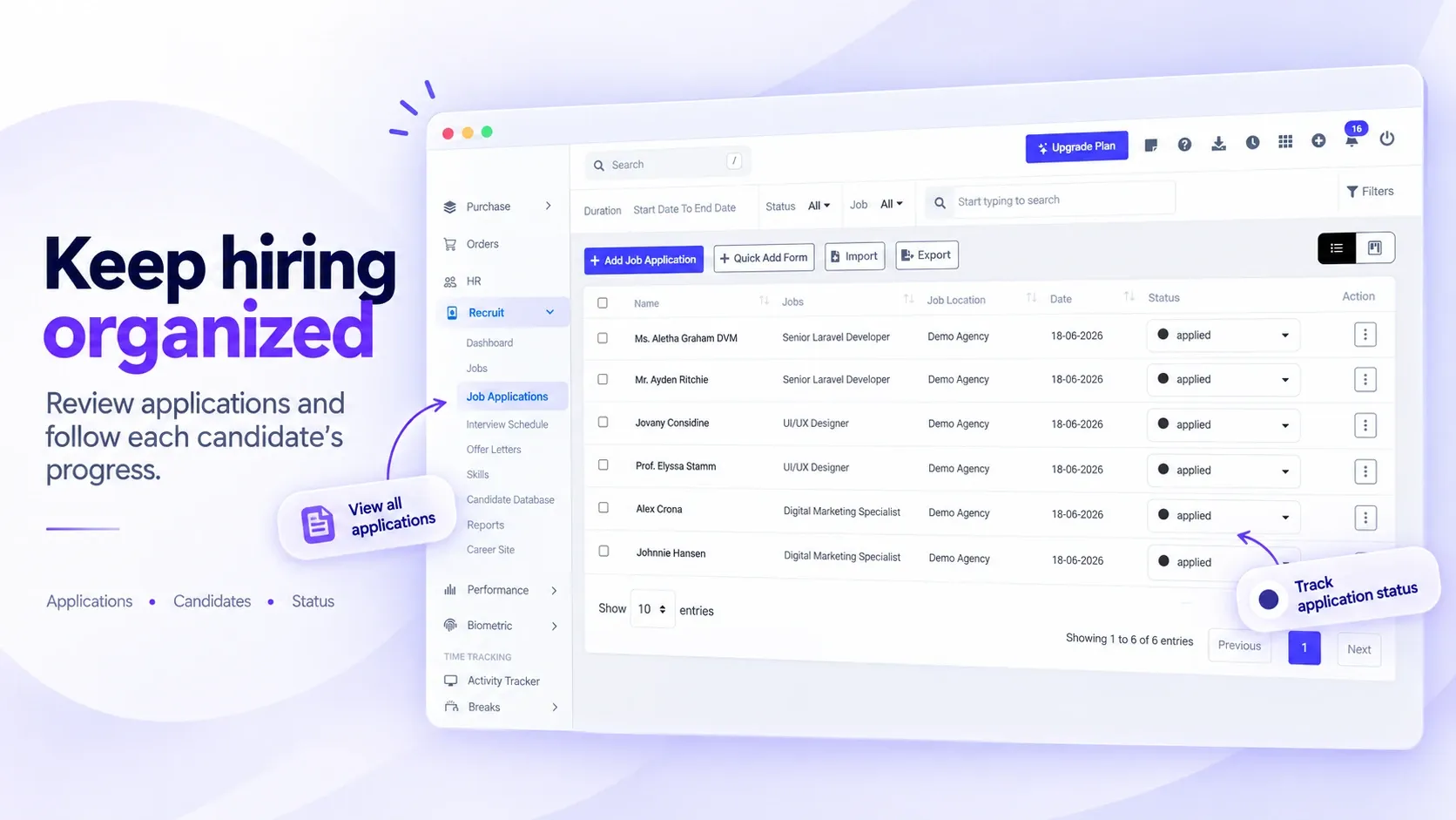قائمة طلبات التوظيف في BusinessHRM بالمرشح والوظيفة والموقع والتاريخ والحالة