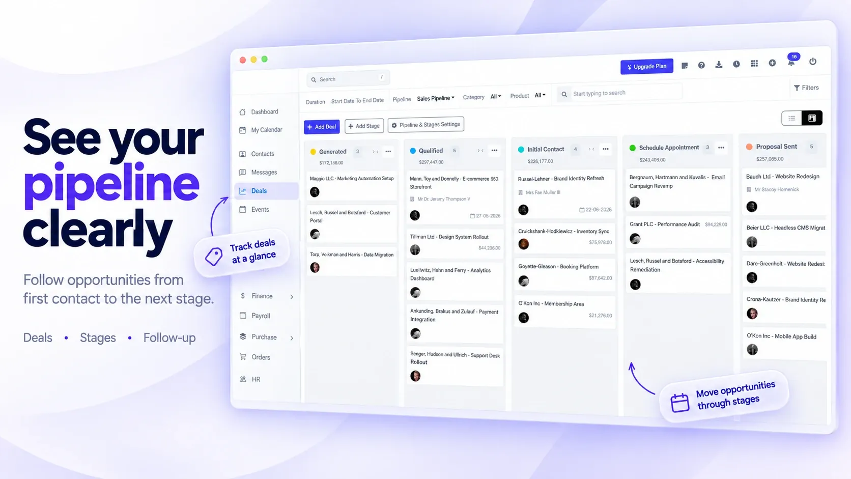 مسار المبيعات في BusinessHRM مع صفقات تنتقل من جديدة إلى مؤهلة ثم تواصل أول ثم عرض مُرسل