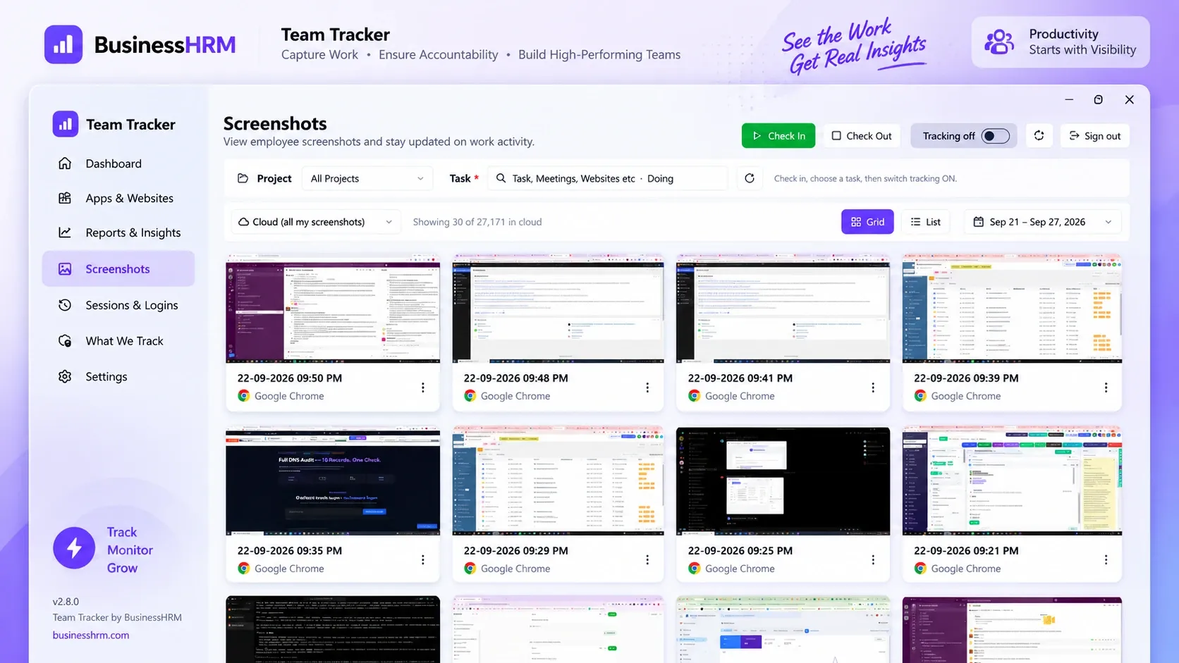 عرض لقطات الشاشة في Team Tracker بشبكة من اللقطات المؤرخة مصفّاة حسب الفترة