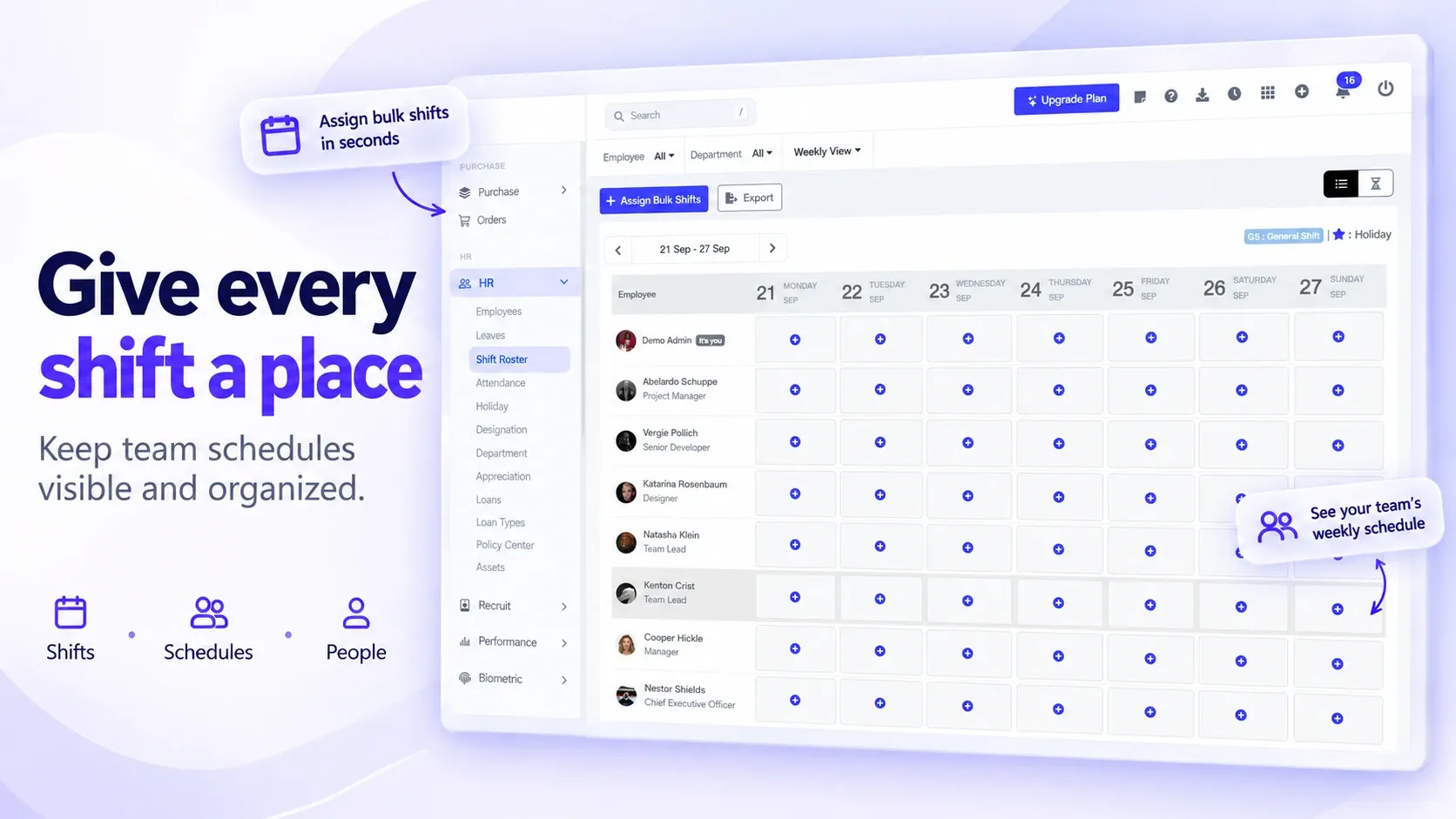 جدول المناوبات الأسبوعي في BusinessHRM بصف لكل موظف وعمود لكل يوم