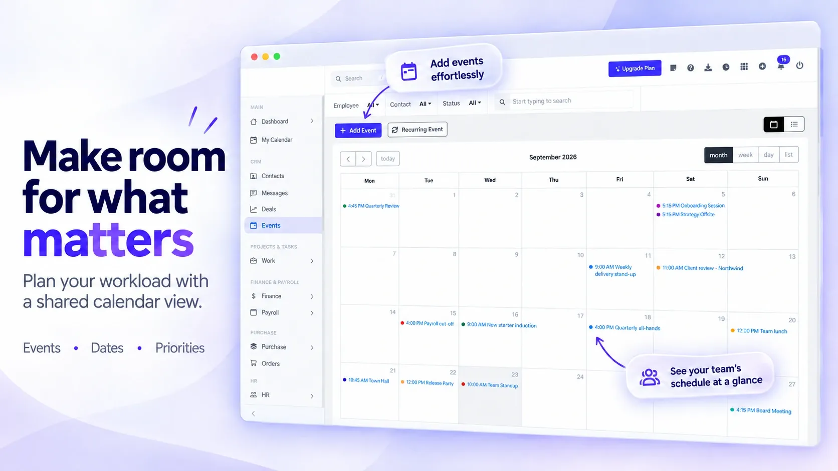 تقويم الفعاليات في BusinessHRM لشهر سبتمبر مع الاجتماعات والمراجعات لكل يوم