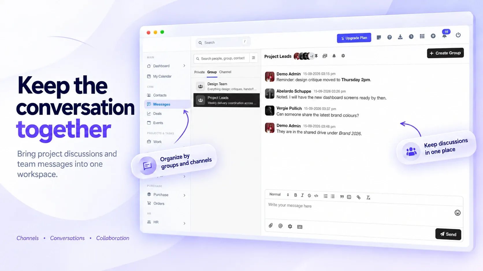 رسائل الفريق في BusinessHRM مع قنوات المجموعات في جانب ومحادثة مشروع في الجانب الآخر