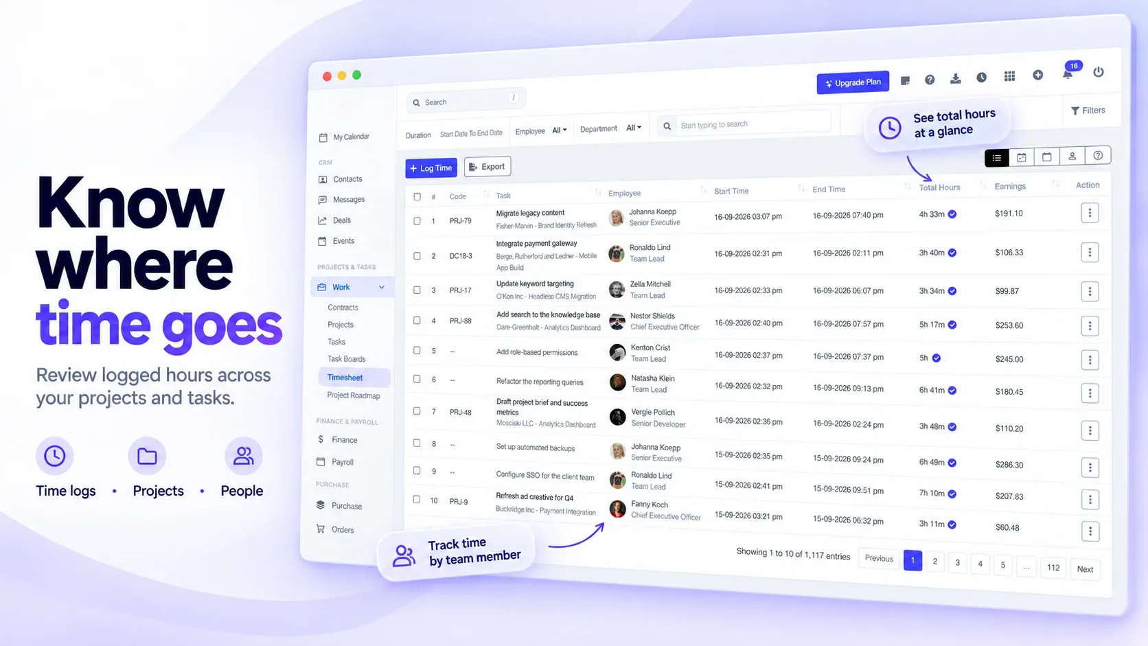 جدول سجلات الساعات في BusinessHRM يعرض المهمة والموظف ووقت البدء والانتهاء وإجمالي الساعات والمبلغ